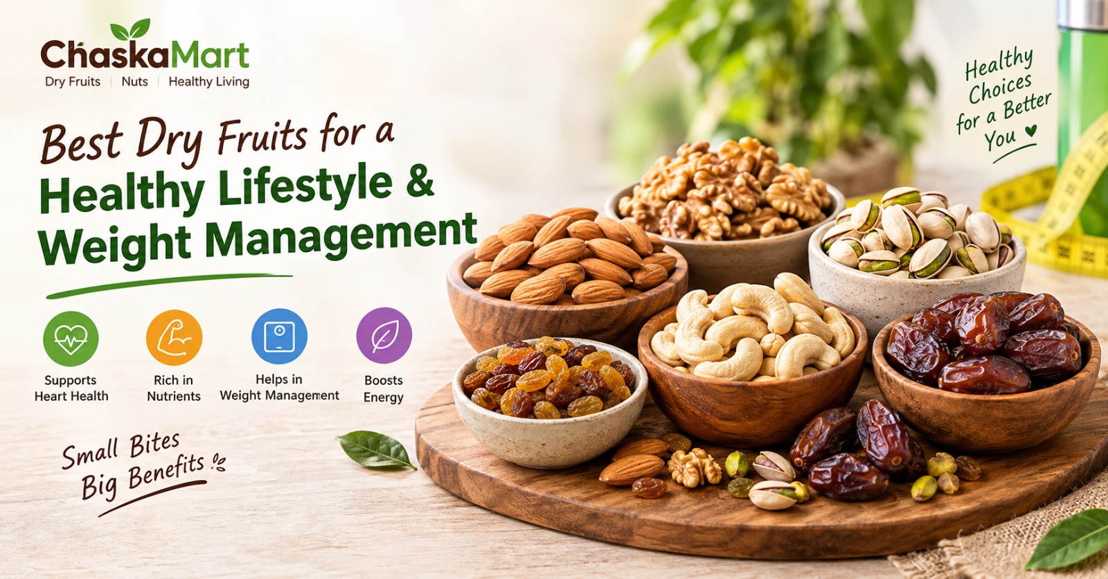 Assorted almonds, walnuts, cashews, pistachios, raisins, and dates for a healthy lifestyle